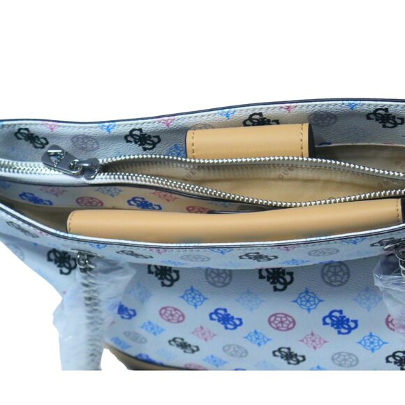 NEW Guess Greta Tote Handbag White Multi Logo Print Faux Leather Tan Trim Studde - Picture 7 of 10